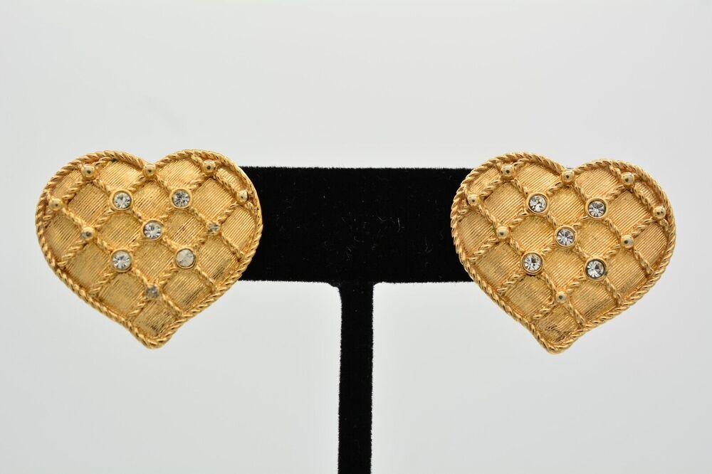 Vintage Heart Earrings Rhinestone Crystal Gold Quilted Chunky Shiny 1990s BinH